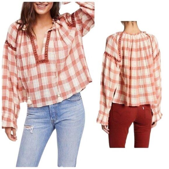 Free People - Honey Grove Plaid Top, size XS, orange red white, NWT - Picture 7 of 7